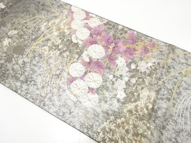 JAPANESE FUKURO OBI / TEIOUMURASAKI / WOVEN AUTUMN FLOWERS / BY JURAKU